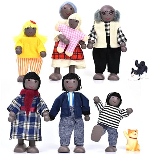 Jzszera Wooden Dollhouse People of 7 Pcs Family Figures with 2 Pets Dog and Cat for Girls Toddler Kids Dollhouse Accessories Toy