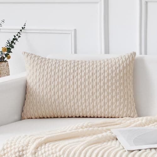 Kevin Textile 12x24 Inch Pillow Cover 1 Pack Boho Decorative Soft Striped Corduroy Lumbar Farmhouse Solid Color Accent Rectangle Cushion Case for Living Room Couch Sofa Bed, Cream White