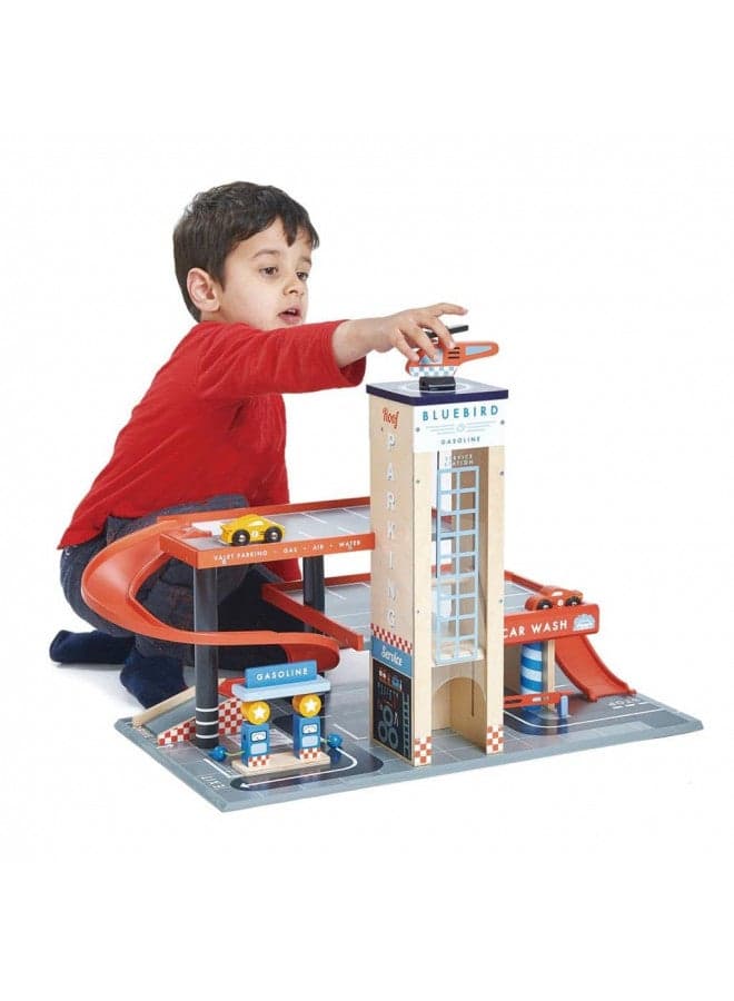 Tender Leaf Toys - Blue Bird Service Station - Classic Wooden Garage and Service Station for Cars and Helicopter with Ramps, Petrol Pumps and Car Wash Center - Imaginary and Roleplay for Children 3+