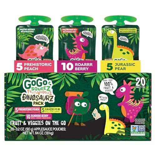 GoGo squeeZ Fruit & veggieZ Applesauce and Puree Variety Pack, Jurassic Pear, Roarrrr Berry & Prehistoric Peach, 3.2 oz (Pack of 20), Unsweetened Snacks for Kids, BPA Free Pouches