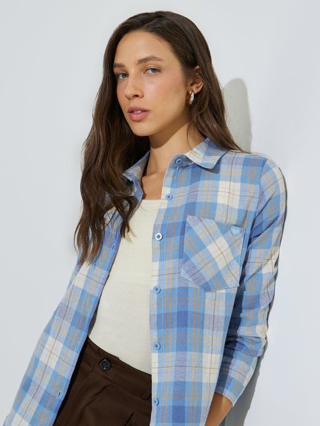 Styli Blue Plaid Long Sleeve Button-Up Shirt
