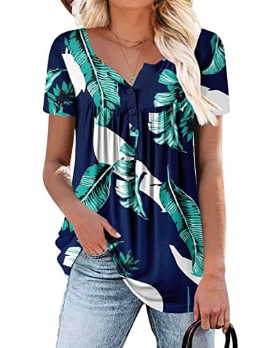 ROSELINLIN Women Tops Blue Short Sleeve Summer Shirts Green Leaves V Neck Blouse Button Up Shirts XL