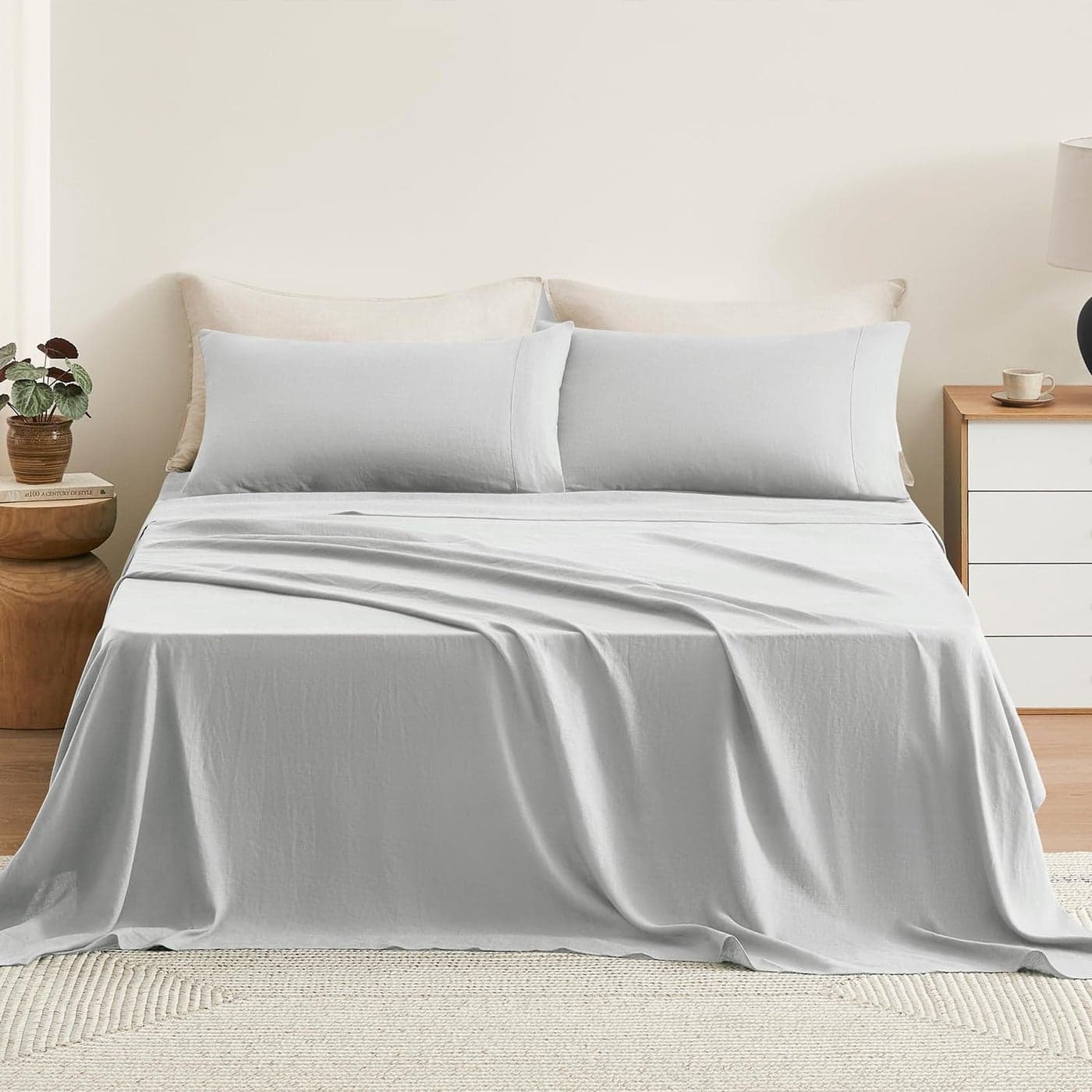 TOSMO Pure Linen Sheets Set 100 French Natural Linen Flax Bedding 4pc SetQueen 1 Flat Sheet 1 Fitted Sheet2 Pillowcases Light Grey