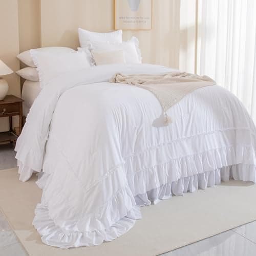 Masaca White Oversized King Comforter Set 120x120,Farmhouse Shabby Boho Chic Ruffle California King Bed Comforter Set French Country Rustic Bedding 3PCS (1 Ruffled Comforter+2 Pillow Shams)