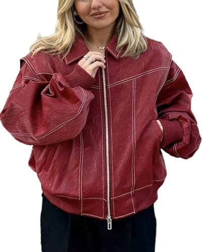 VOIKERDR Oversized Leather Jacket Women Faux Leather Motorcycle Zip Up Jackets Trendy Winter Jackets Outwear