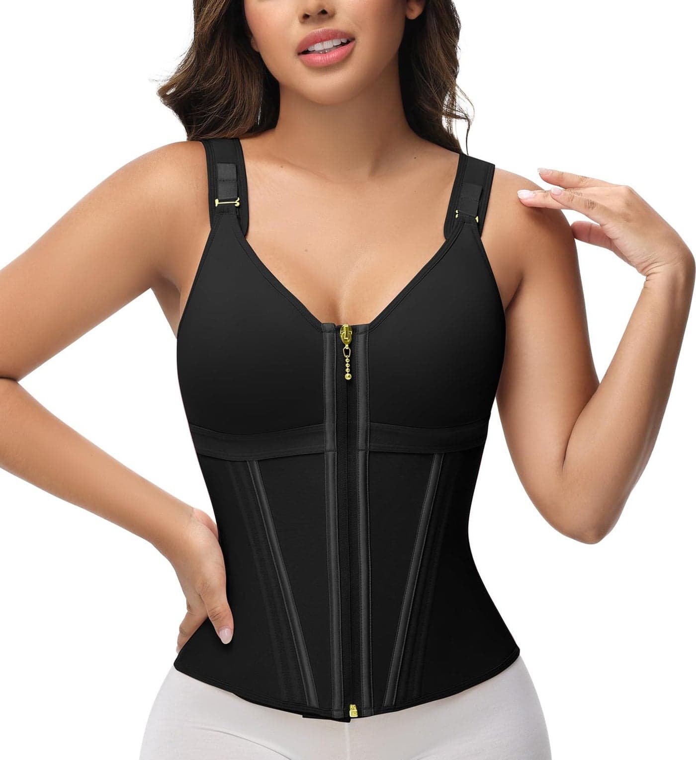 SHAPSHE Waist Trainer Corset for Women Tummy Control Sport Workout Body Shaper Vest for Women Postpartum Gym Zipper and Hooks Black
