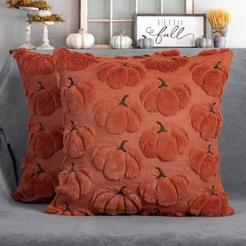 4TH Emotion Fall Pumpkins Decorative Pillow Covers 18x18 Set of 2 Dark Rust Red Soft Plush Faux Fur Wool Farmhouse Throw Cushion Cases for Autumn Thanksgiving Holiday Home Decorations