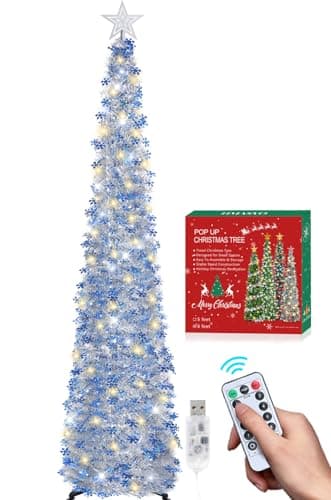 HMASYO 6 FT Pop Up Tinsel Christmas Tree with 100 LED Timer Lights & Remote, Collapsible Artificial Pencil Tree with Blue Snowflake Ornaments Xmas Decoration for Home, Office, Party, USB Powered
