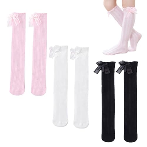 TecoKart® 3 Pairs Stockings for Girls, 16.5in Cotton Knee Length Socks for Baby Girl, Adorable Double Bow Long Socks for Kids 3-12 Years – Perfect for Dresses, Uniforms and Casual Wear