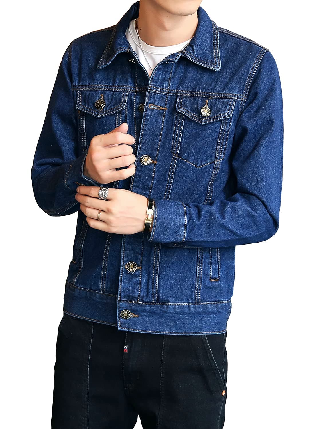 DAVID.ANN Men's Classic Denim Trucker Jacket Casual Jean Coat,Dark Blue,Medium
