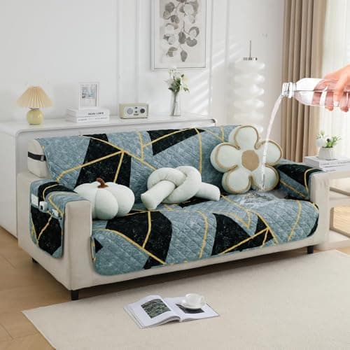 HOKIPO 'Elira Series' Quilted Water Repellent + Waterproof + Quick Dry Sofa Cover Mat for 3 Seater Sofa with Pockets on Armrest Cover - Multicolor Abstract Geometry (NEW-AR-5240-C10)