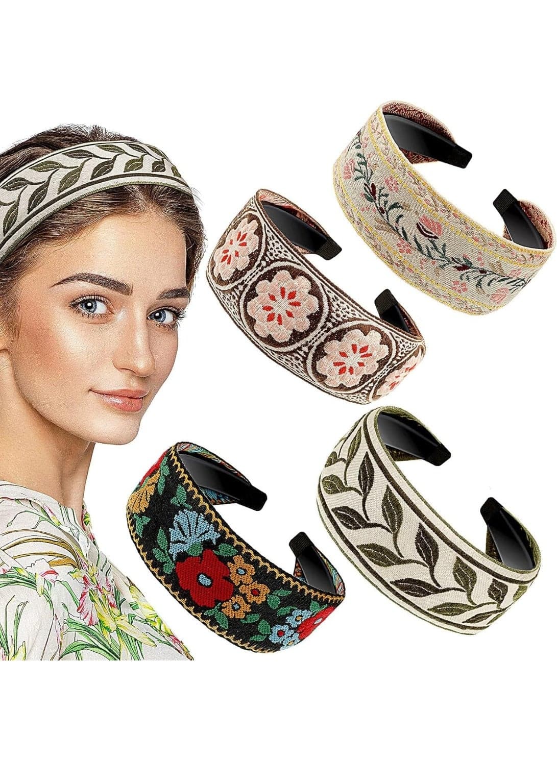 4 Pieces Boho Headband Embroidery Wide Hair Band Bohemia Floral Knotted Wide Headbands Vintage Ethnic Style Hair Band for Women Girls Hair Accessories(Classic Pattern)