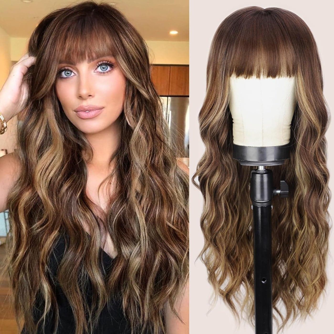 Lativ Brown Wig With Bangs Long Wavy Brown Mixed Blonde Highlight Wig with Dark Roots Ombre Natural Curly Synthetic Resistant Fiber Wigs for Women Daily Party Use 26 Inches