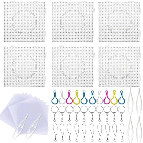 Allazone 5 mm 52 PCS Fuse Beads Boards Set 6 PCS Large Square Clear Plastic Pegboards with 6 PCS White Beads Tweezers 10 PCS Ironing Paper and 2 Style Keychain for Kids Craft Supplies