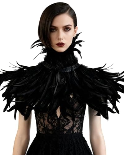 L'VOW Black Feather Shrug Cape Raven Crow Shawl Collar Maleficent Halloween Black Swan Costumes for Women(Black003)