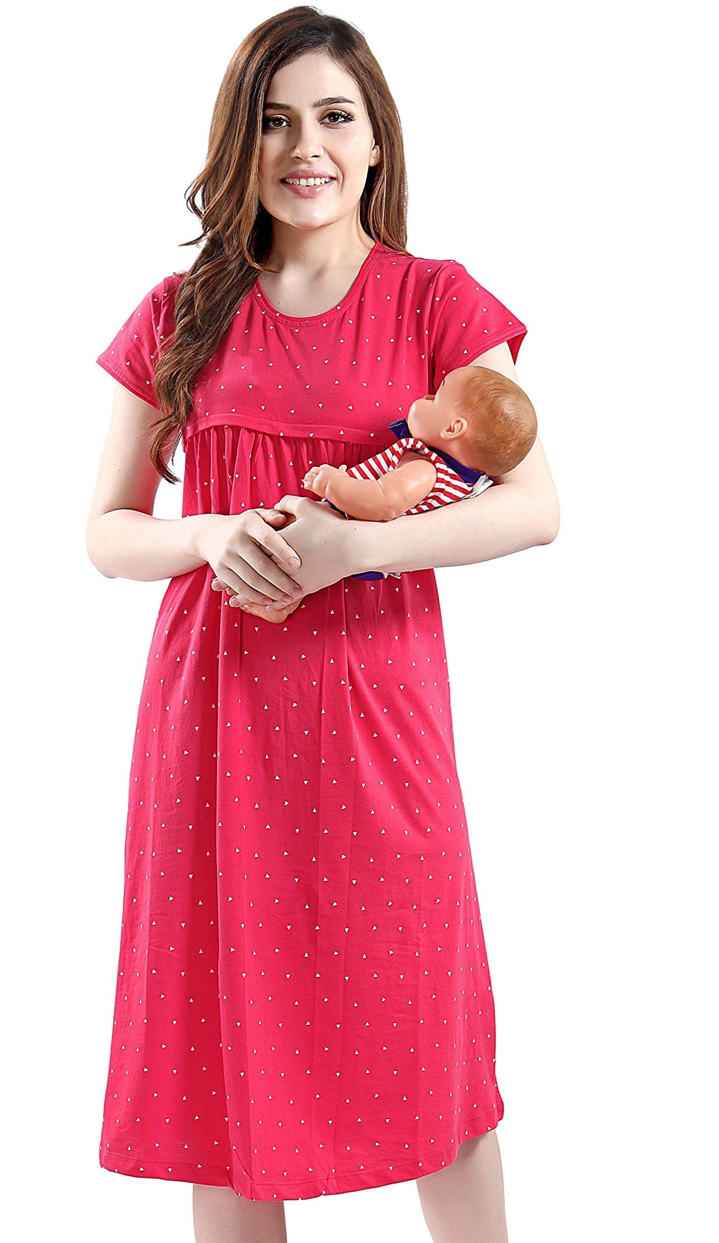 AV2 Women's Cotton Floral Calf Length Maternity Nighty (3094BL_Red_L)