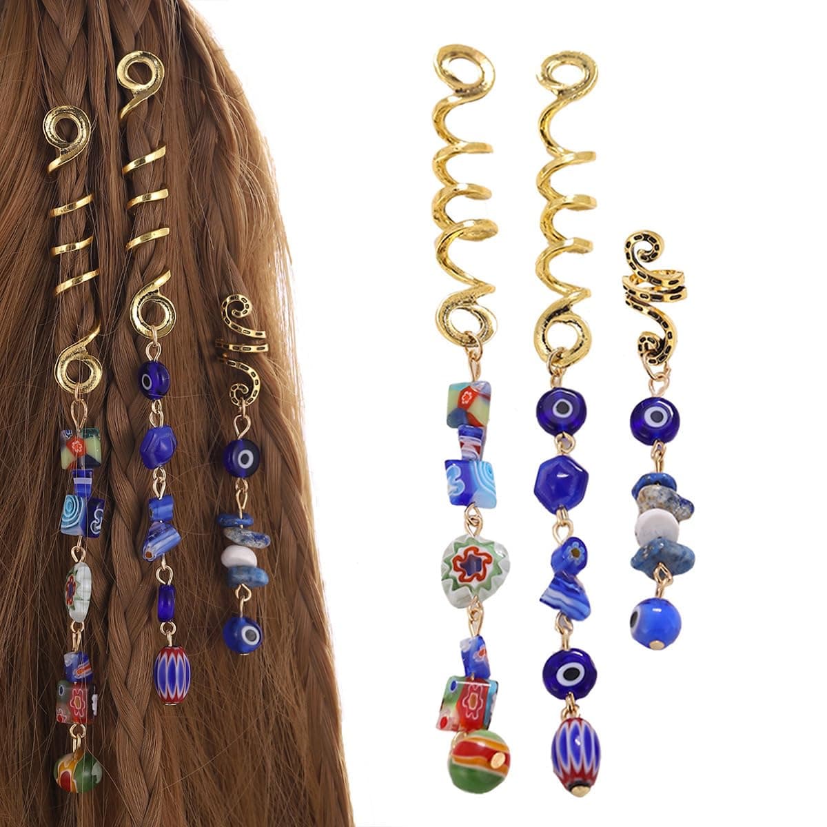3PCS Hair Braid Rings, Long Gold Metal Spiral Coil Hair Cuffs with Blue Cat’s Eye Stone Hair Jewelry Dreadlock Hair Accessories for Women