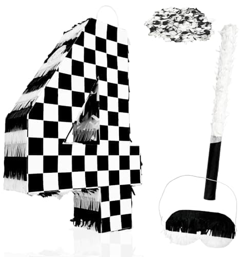 MUNILAIL Checkered Number 4 Pinata Black and White Checkered Pinata with Stick and Blindfold Confetti for 4th Birthday Racing Car Party Game Supplies Race Car Pinatas
