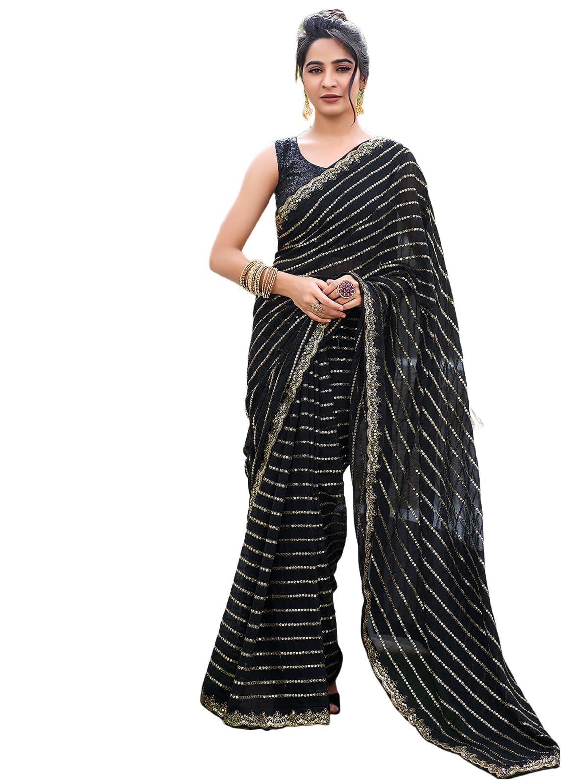 Satrani Women's Georgette Sequence Work Saree with Unstitched Blouse Piece (3775S103N_Black)
