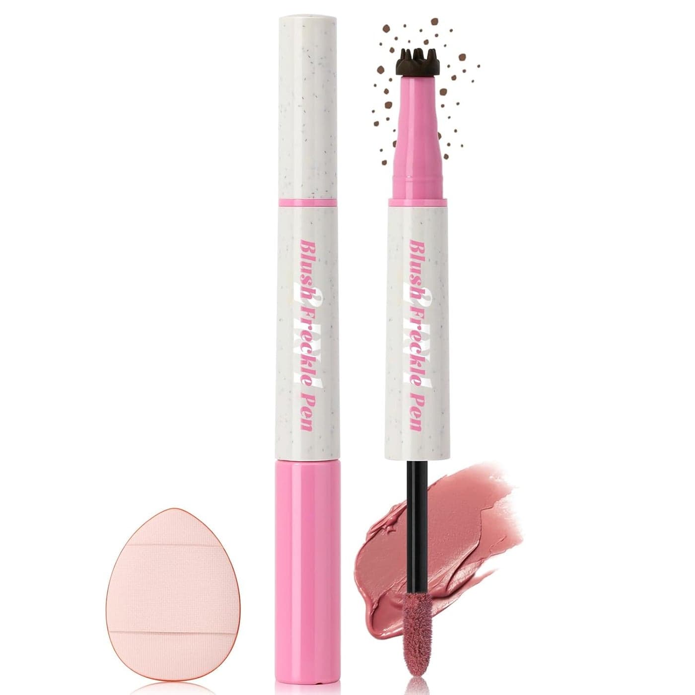 Freckle Blush Pen 2 in 1 Natural Lifelike Light Brown Freckle Stamp Pen Soft Pink Liquid Blush for Natural Sunkissed Makeup Waterproof Long Lasting Quick Dry Freckle Marker Pen with Puff01