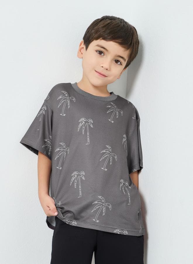 Boys Palm Tree Emrboidered Dropped Shoulder Relaxed Fit T-Shirt — 5-6 YRS