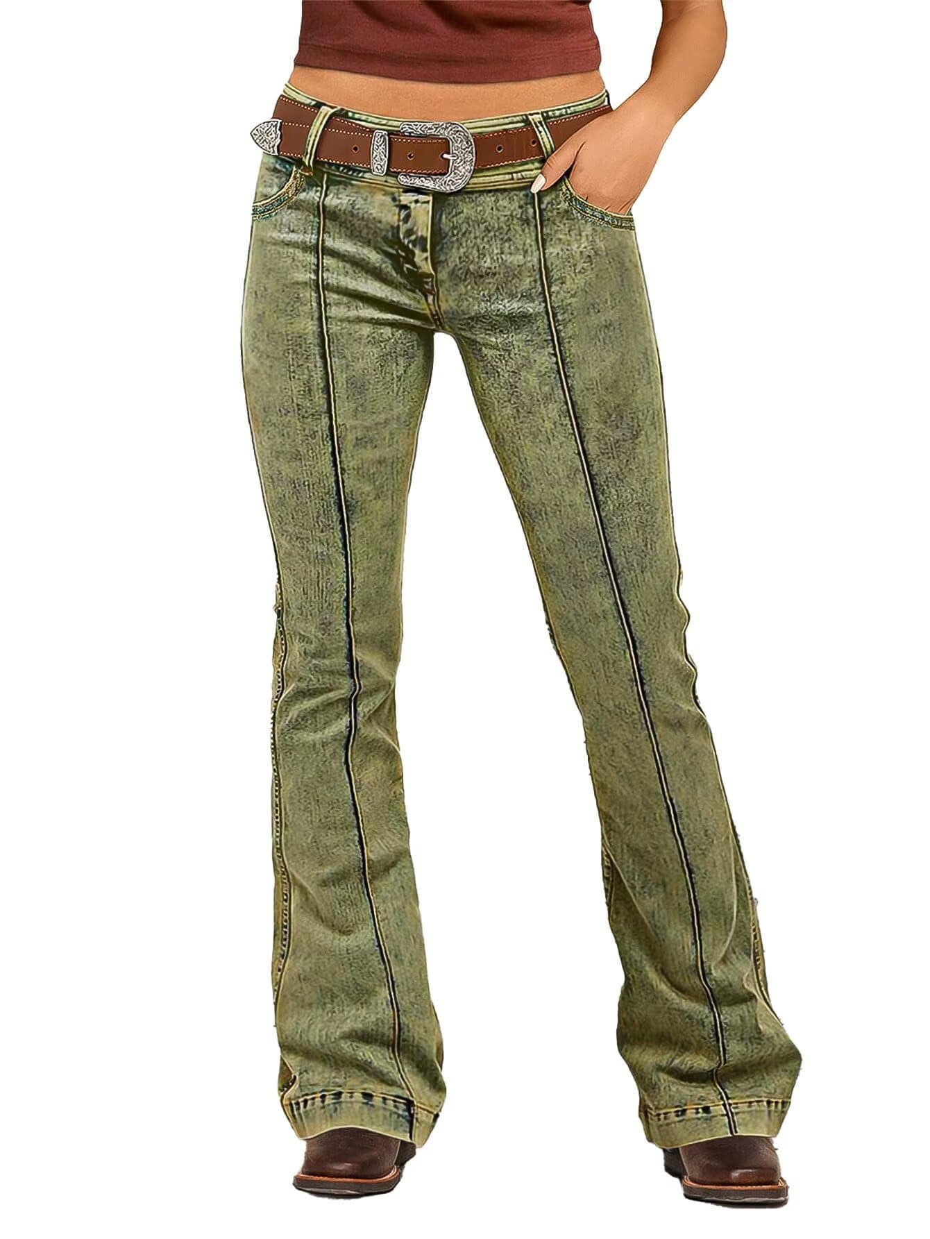 Flamingals Bootcut Mid Waist Stitch Detai Pants for Women Without Belt Green L