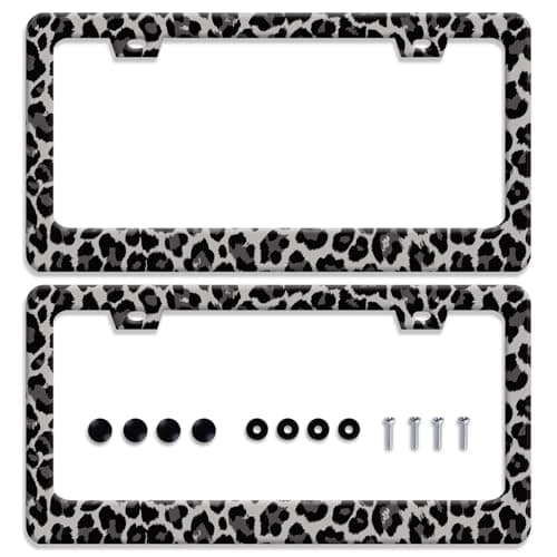 【2pcs】 Black Gray Leopard Print License Plate Frame Beautiful Cheetah Print License Plate Holder Funny Stainless Steel Accessories Cars Decor with 2 Holes Fits Standard Us Ca Vehicles 12.2 X 6 Inch