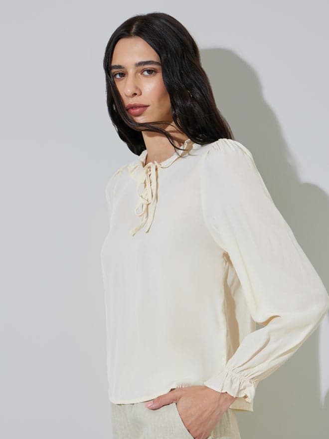 Styli Cream Long Sleeve Blouse with Tie Neck Detail