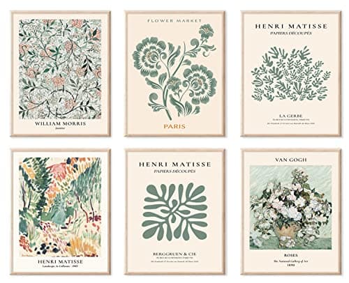 Sage Green Wall Art Decor, Abstract Matisse Wall Art Exhibition Posters, Minimalist Flower Market Wall Art Prints, Sage Green Room Decor(8x10inch, Unframed)