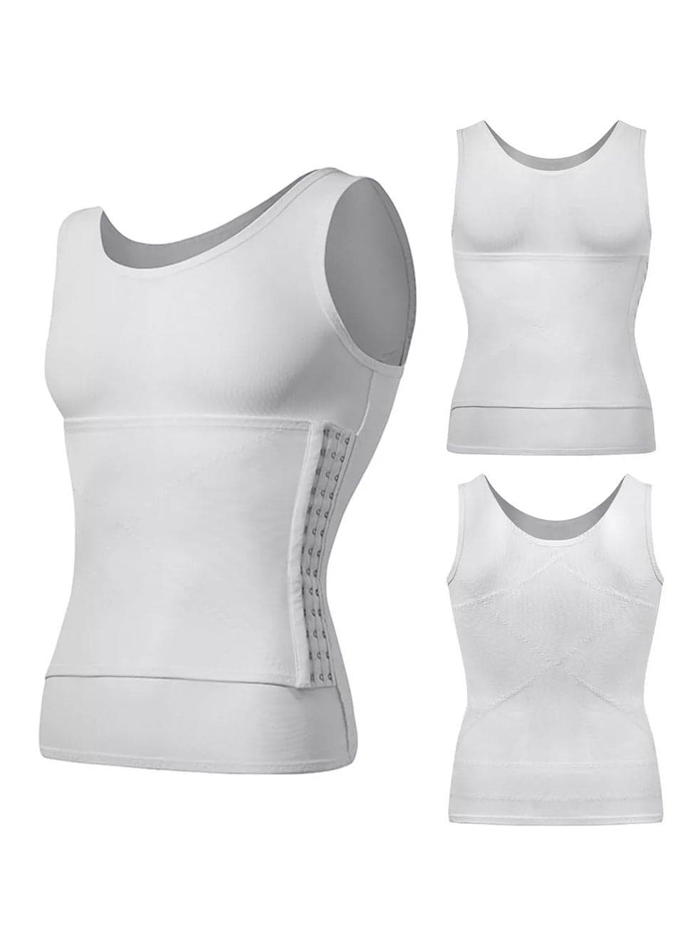 Mens Slim Compression Shirt Slimming Waist Trimmer Tank Tops with Tummy Control Hooks Shapewear Vest - Fitness Sports — L