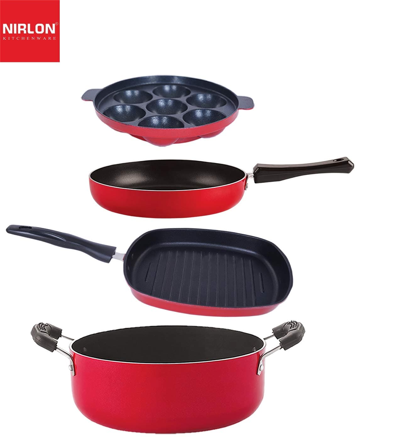 Nirlon Non Stick Coated Heat Resistance Pfoa Free Aluminium Kitchenware Gift Set of 4 Pieces (FP10_AP7_GP22.5_CS24)