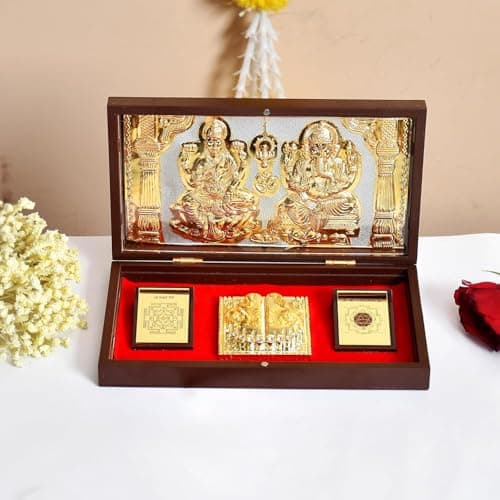 JAIPUR ACE Gold Plated Laxmi Ganesh Charan Paduka Yantra | Devotional Prayer Box | Wooden Momento Decorative Showpiece Box Packing | Diwali Gifting Charan Paduka