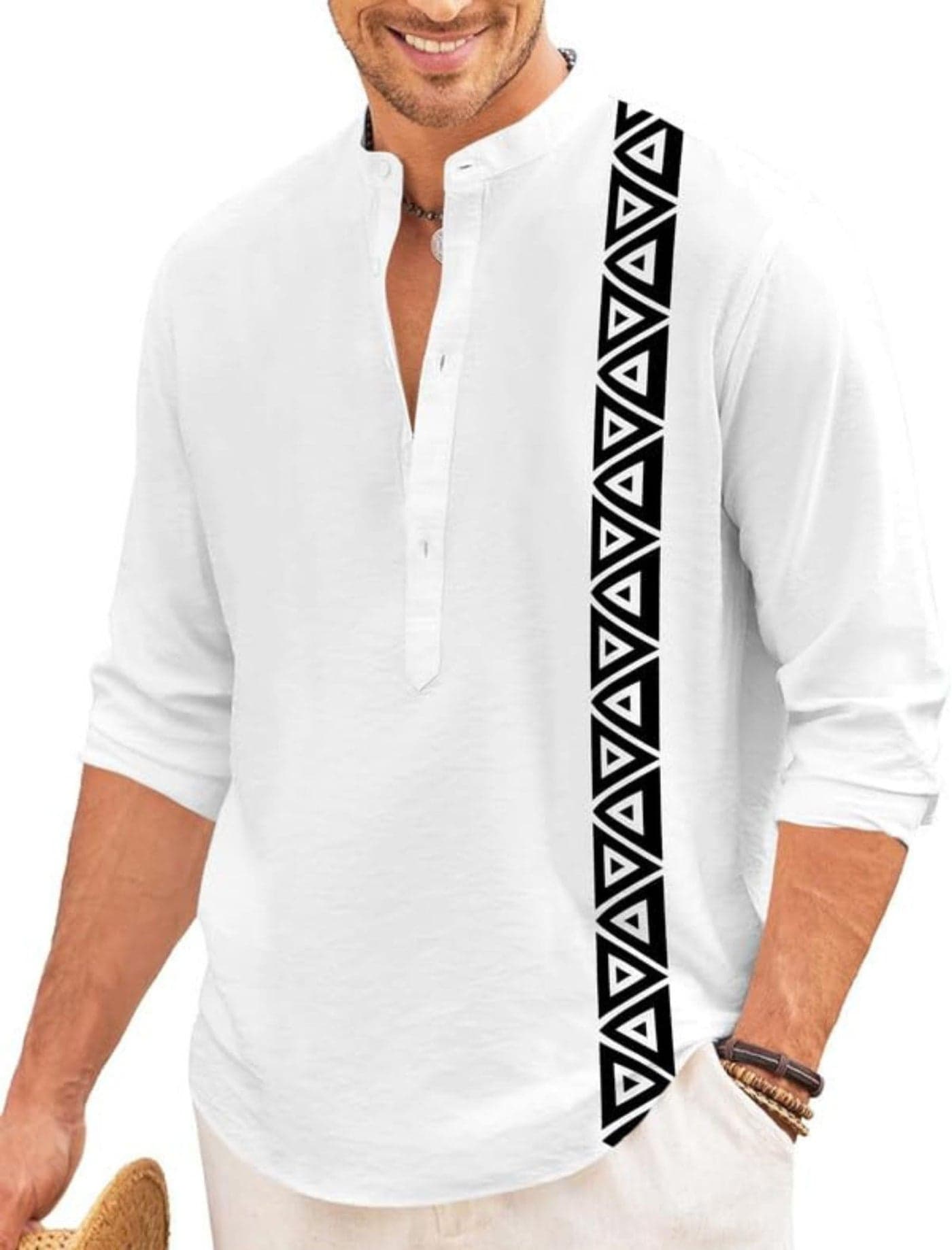 FINIVO FASHION Men’s Short Kurta with Printed Geometric Side Panel | Cotton Blend Full Sleeve Ethnic Topwear with Mandarin Collar | Stylish Indo-Fusion Kurta for Daily, Festive, or Casual Wear White