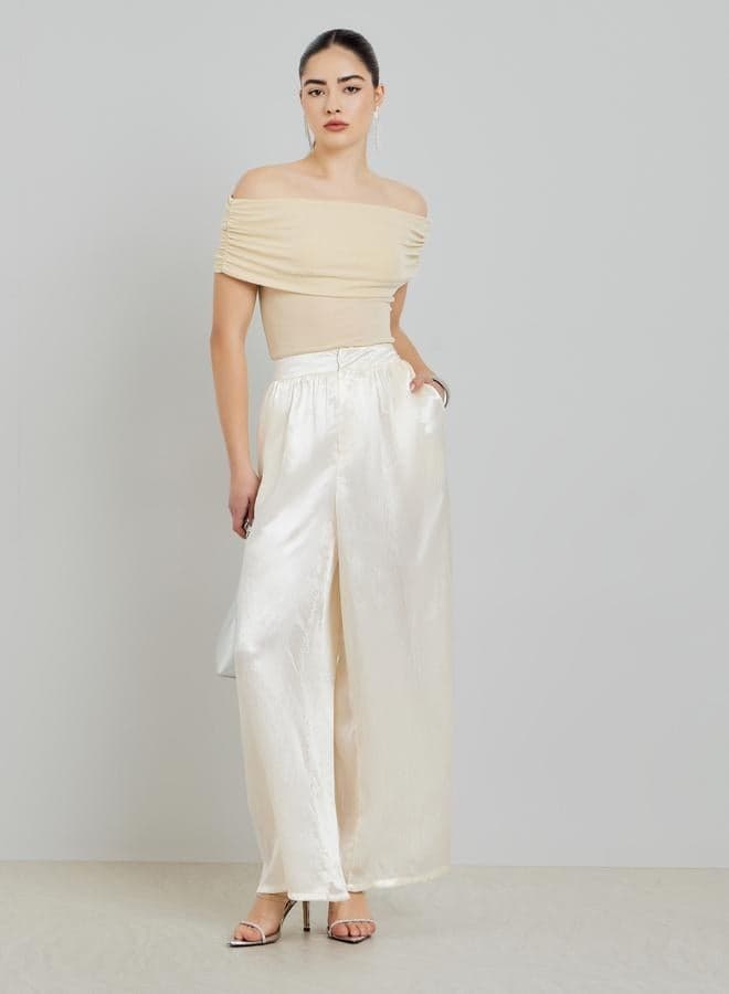 Cream Shiny Wide Leg Trousers