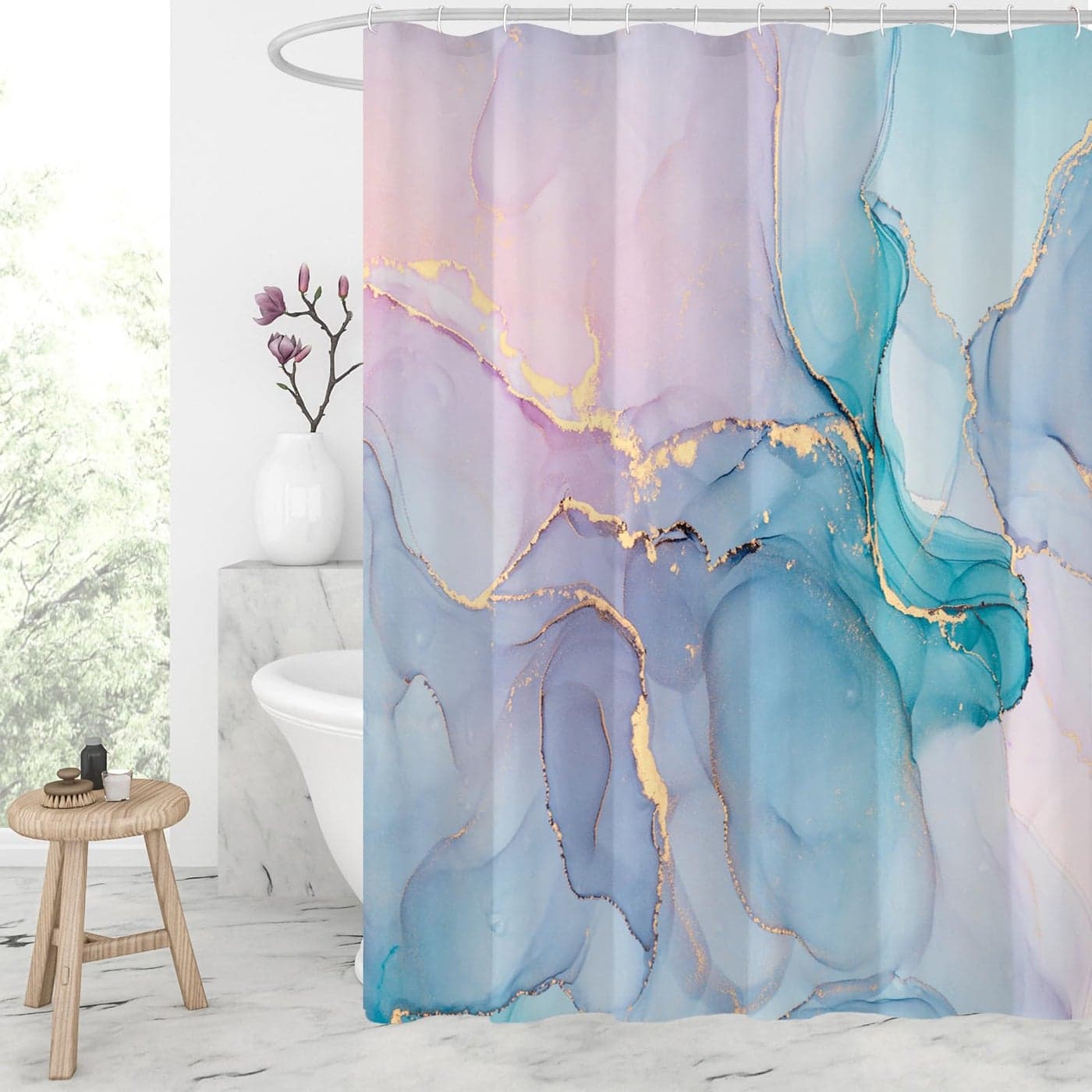 Gibelle Abstract Marble Shower Curtain Watercolor Pink Turquoise Shower Curtain for Bathroom Modern Ink Art Decor Waterproof Fabric Shower Curtain Set with Hooks 71x71