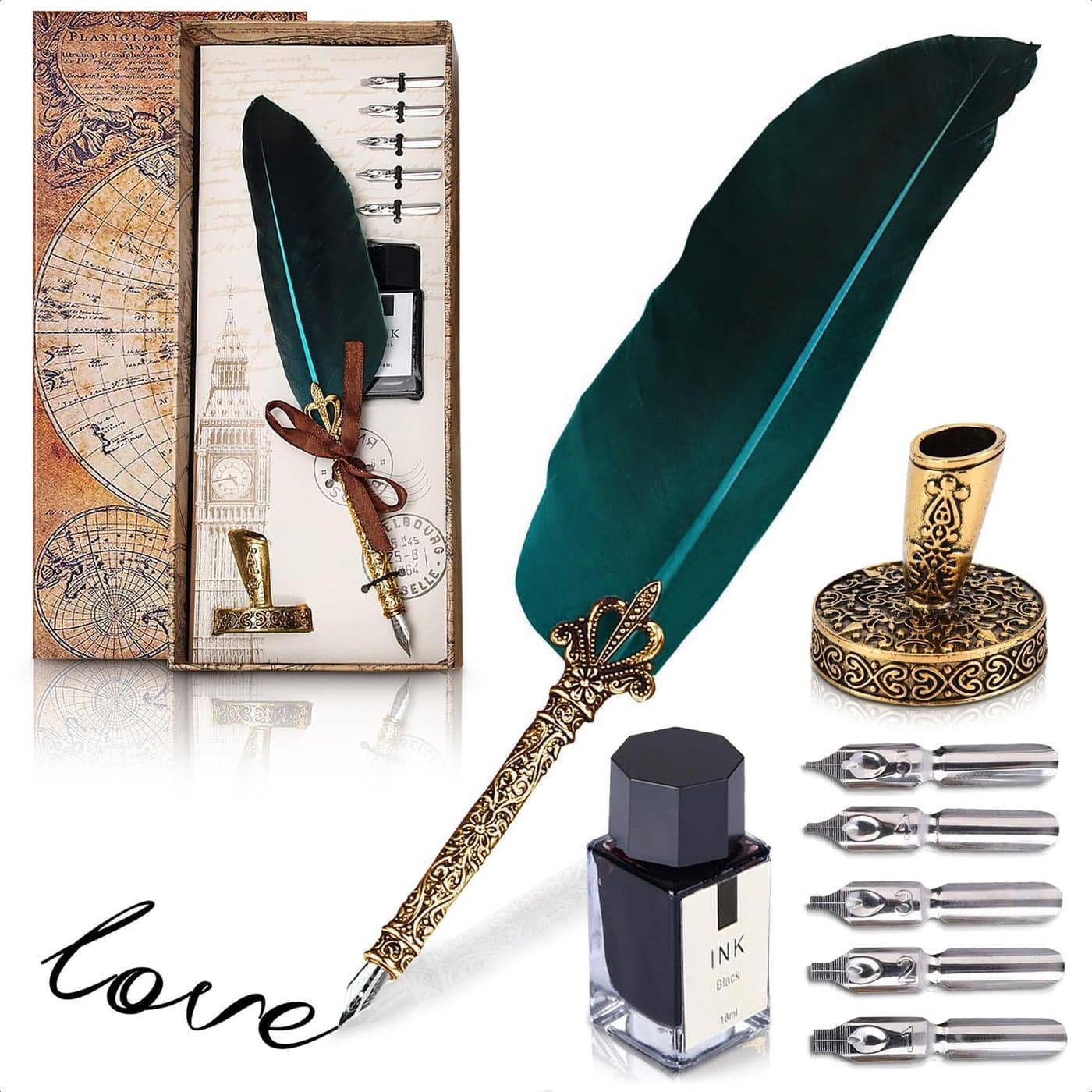 Feather Quill Pen and Ink Set Blue - Fountain Pen Case Luxury Pen Feathers Vintage Pen Holder Writing Paper Quill Pen and Ink Set - Fountain Pens for Writing Blue Signature Pen Writing Supplies