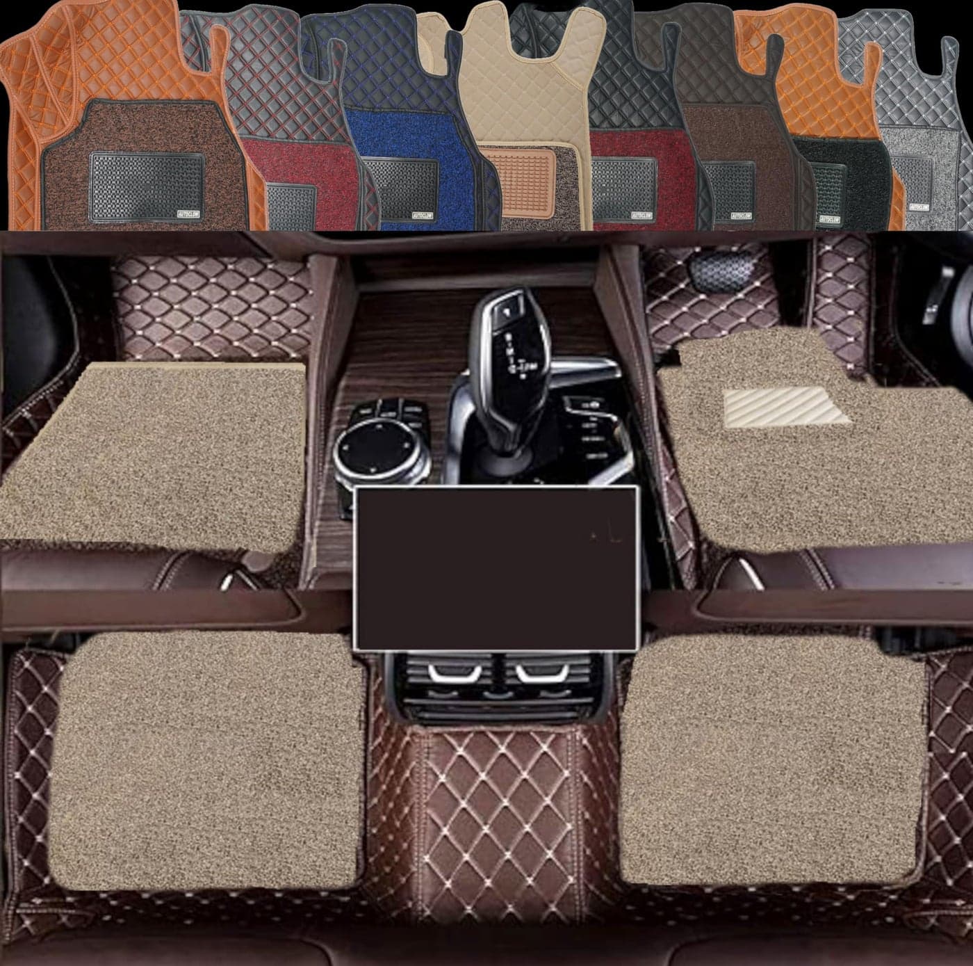 AutoClow Premium 7D Car Mat for Honda City (Model : 2014-2019) || Luxury Leather Dual-Stitch Full Set 7D Car Floor Mat || Color : Coffee Stitch-Beige Grass (Design-1)