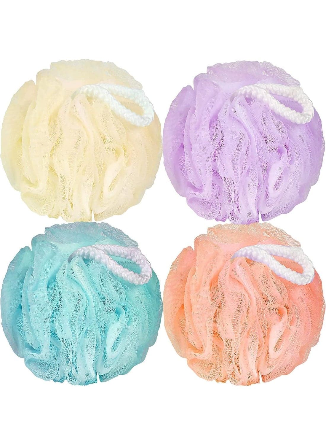 4 Pcs Bath Loofah Sponge, Body Scrubber Shower Sponge, Exfoliating Mesh Pouf Shower Ball, Ease to Use and Storage, Save More Shower Gel, Bath Sponges for Women and Men, 4 Colors