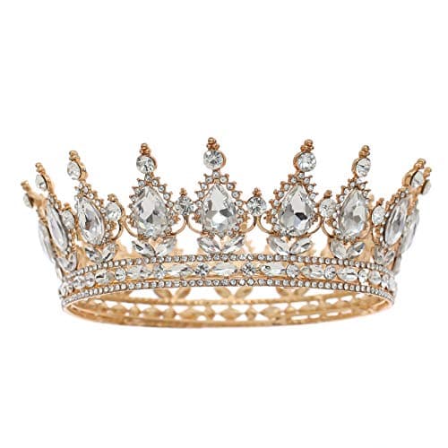 FORSEVEN Queen Crown Rhinestone Wedding Crowns and Tiaras for Women Costume Party Hair Accessories Princess Birthday Crown Crystal Bridal Crown (Gold+White)