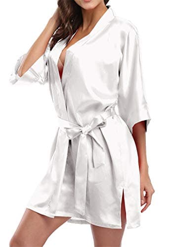 Giova Pure Color Satin Short Silky Bathrobe Sleepwear Nightgown Pajama,Cream White,XX-Large