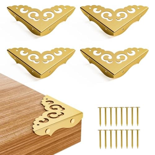 4 Pcs Brass Corner Protectors for FurnitureRetro Style Guard Cabinet Furniture Corner Bumpers for Jewelry Box Gift Box Wooden Case Cabinet Furniture Decorative Gold