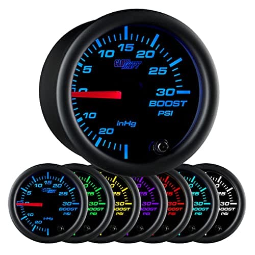 GlowShift Black 7 Color 30 PSI Turbo Boost/Vacuum Gauge Kit - Includes Mechanical Hose, T-Fitting & Wiring - Multi-Color Display - Black Dial - Clear Lens - for Car & Truck - 2-1/16" 52mm