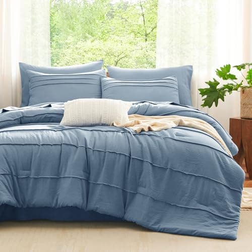 CozyLux King Size Comforter Set Grayish Blue, 7 Pieces Soft Pinch Pleat Bed in a Bag King Comforter Set with Sheets, Boho Bed Set with Down Alternative Comforter, Sheets, Pillowcases & Shams