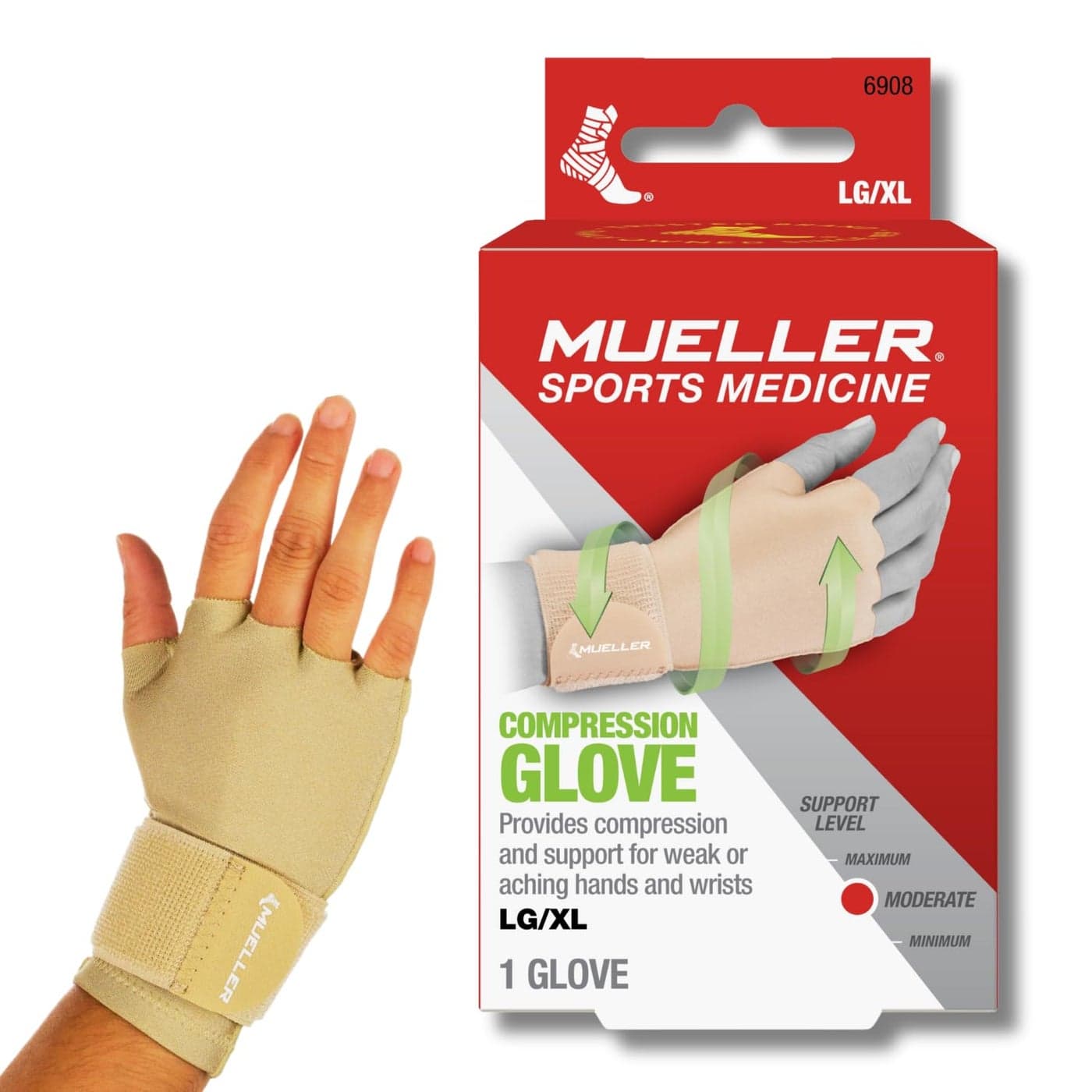 MUELLER Sports Medicine Arthritis Compression Glove Hand and Wrist Support Fits Right or Left Hand Pain Relief for Men and Women Beige LargeXLarge