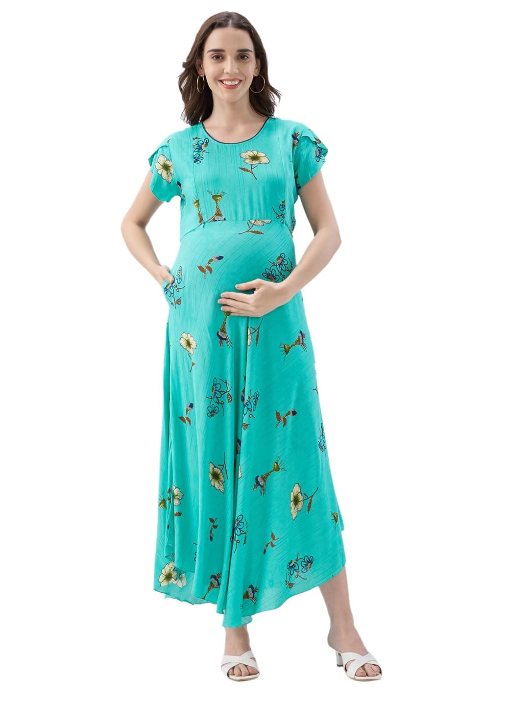 AV2 Womens Viscose Maternity | Nursing |Feeding | Below The Knee Breast Feeding Empire Waist Dress with Zippers for Post Pregnancy(5099_Turq_L), Turquoise