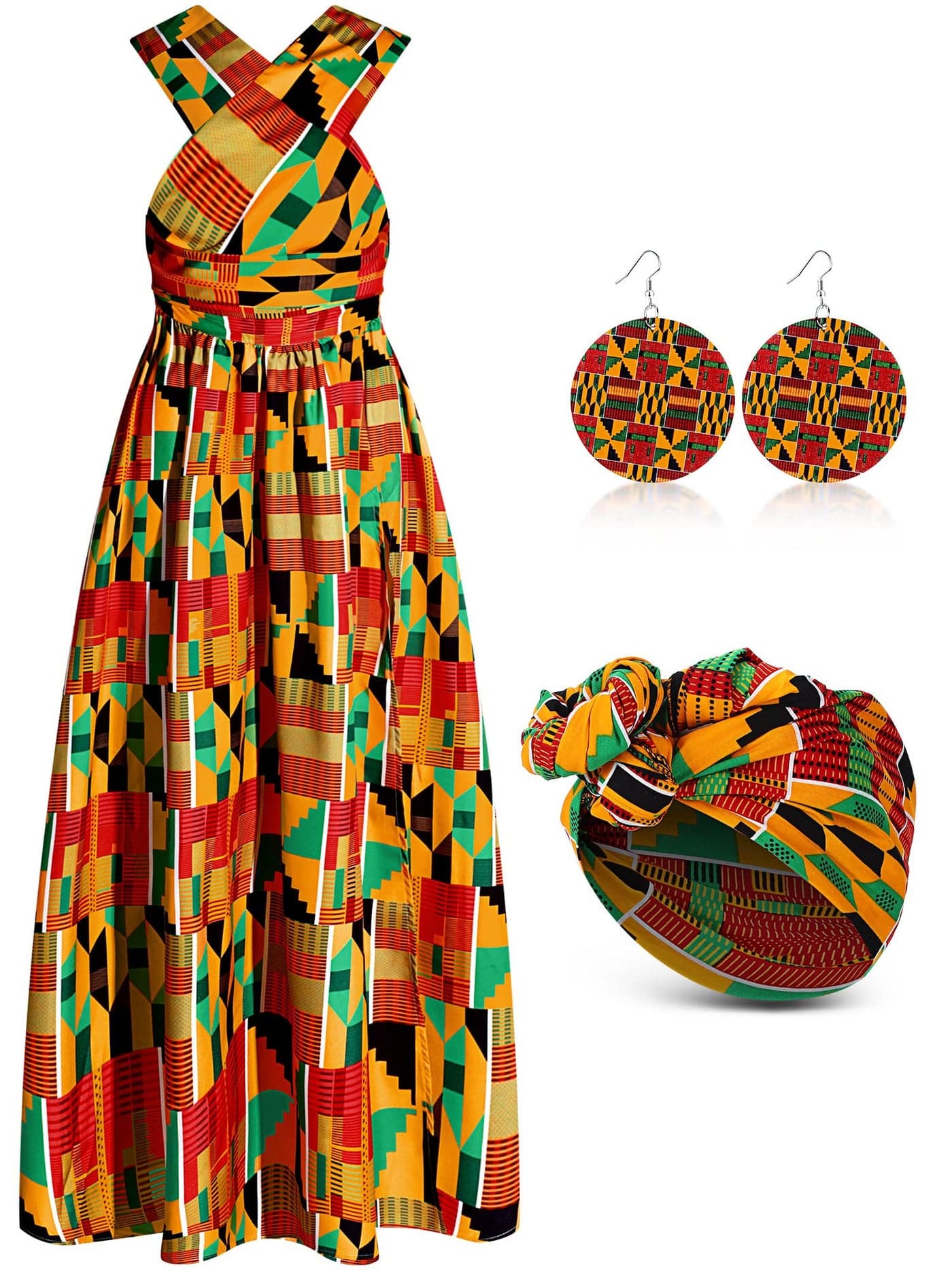 Haysandy 3 Pcs Women African Ankara dashiki skirt Traditional Costume Set Maxi skirt Head wrap Scarf Drop Dangle Earrings(Medium)