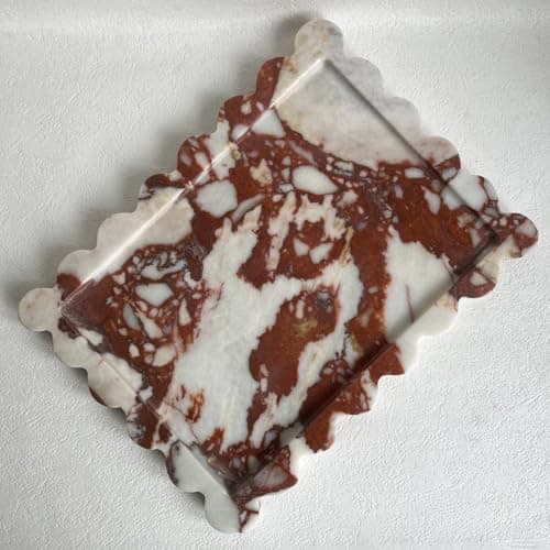 SAIDKOCC Natural Scalloped Marble Rectangular Tray 108x8 Decorative for Bathroom Kitchen Dresser Calacatta Red