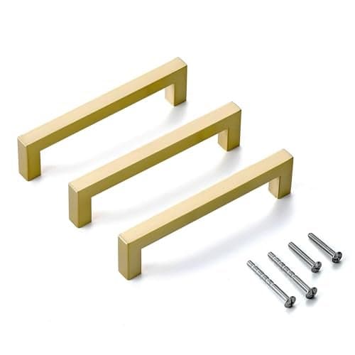 Aibeli 10 Pack Gold Cabinet Pulls 5 Inch Hole Centers Stainless Steel Square Cabinet Handles Brushed Gold Kitchen Cabinet Hardware Drawer Pulls Dresser Knobs