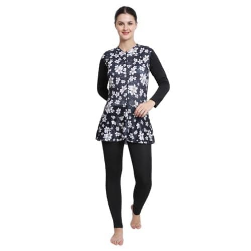 LEBAMI Women Full Length Padded One Piece Swimming Costume|Swimsuit Set for Women (Black Floral, M)