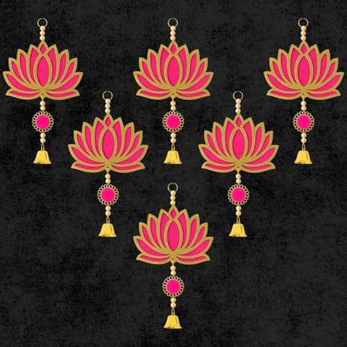 ARLICORPING Wooden Lotus Wall Hanging for Festive Decoration – Diwali, Ganpati, Pooja Room, Mandir, Living Room, Door, Hall, Entrance, Spiritual Decor (Lotus + Bell-Pink, Pack of 6)